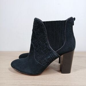 Elliott Lucca Black Woven Panel Block Heel Chic Ankle Booties 1166